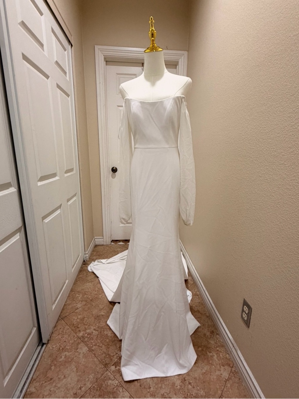 Off-Shoulder White Bridal Gown with Long Sheer Sleeves